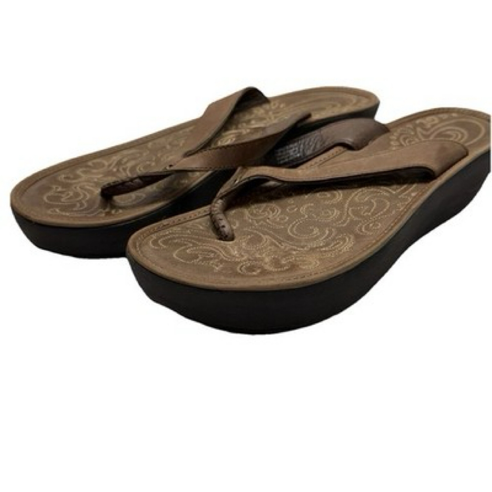 NWOT OLUKAI PANIOLO WEDGE BROWN LEATHER THONG SANDAL 11 Women’s